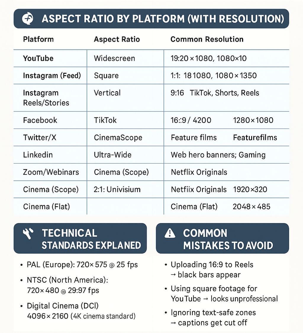 Aspect Ratio Chart for Video Editors Infographic chart listing aspect ratios like 16:9, 1:1, 9:16, 4:3, 2.39:1 with matching platforms such as YouTube, Instagram, cinema, and Facebook.