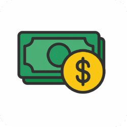Flat money icon featuring a green stack of dollar bills and a yellow coin with a dollar sign on a white rounded background