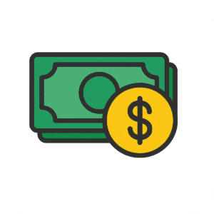 Flat money icon featuring a green stack of dollar bills and a yellow coin with a dollar sign on a white rounded background