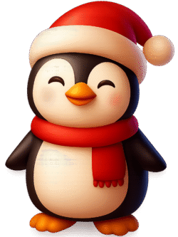 Christmas penguin with Santa hat PNG transparent background for festive cards, winter posters, and cute holiday edits
