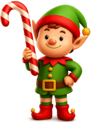 Christmas elf character holding candy cane PNG transparent background for festive illustrations, posters, and holiday edits
