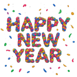 Happy New Year 3D confetti text PNG transparent background for festive, party, and celebration designs