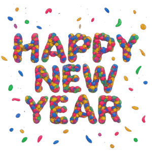 Happy New Year 3D confetti text PNG transparent background for festive, party, and celebration designs