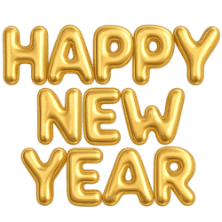 Happy New Year golden balloon PNG transparent background for festive posters, banners, and video editing