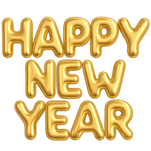 Happy New Year golden balloon PNG transparent background for festive posters, banners, and video editing