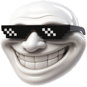 3D cool troll face PNG with a smooth white face and black thug-style glasses.
