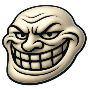 3D evil troll face PNG with a sarcastic smile and dark mischievous expression.