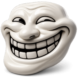 3D troll face PNG with a classic meme expression and smooth rounded features.