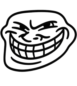 Evil laughing troll PNG in black line art with a wide sinister smile and mischievous expression.