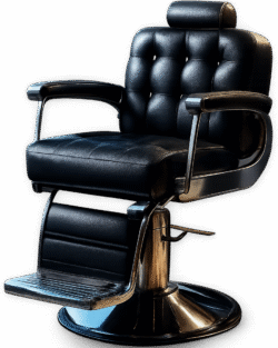 Barber chair PNG with padded leather seat, armrests, and hydraulic base on transparent background
