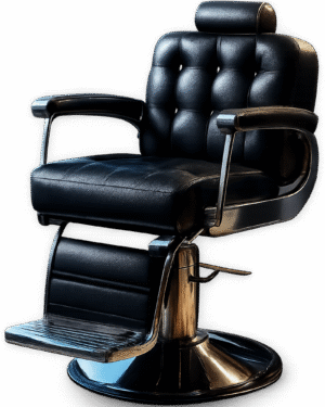 Barber chair PNG with padded leather seat, armrests, and hydraulic base on transparent background