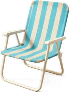 Beach chair png with blue and white striped fabric and metal frame on transparent background