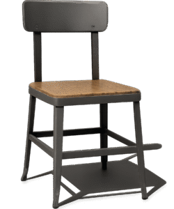 Cafe chair png with metal frame and wooden seat on transparent background