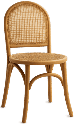 Cane chair png with wooden frame and woven cane seat on transparent background