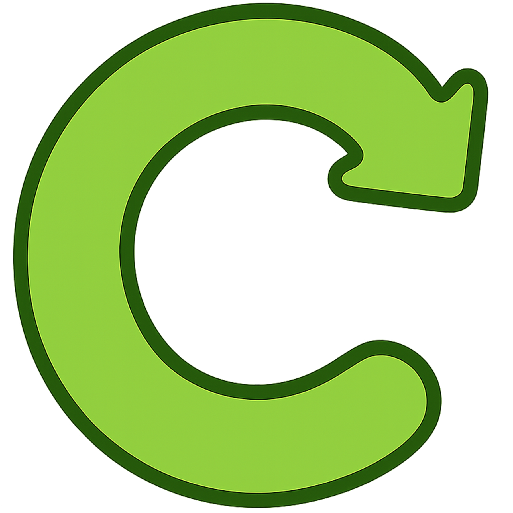 Cartoon arrow PNG with bold black outline and green fill in playful curved style on transparent background