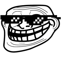 Cool troll face PNG with stylish black glasses, a confident meme face, and an arrogant smile.