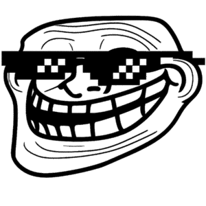 Cool troll face PNG with stylish black glasses, a confident meme face, and an arrogant smile.