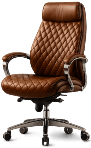 Office chair png with brown leather upholstery and chrome base on transparent background