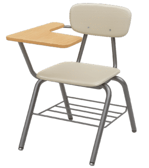 School desk chair PNG with attached wooden writing desk, metal frame, padded seat and transparent background