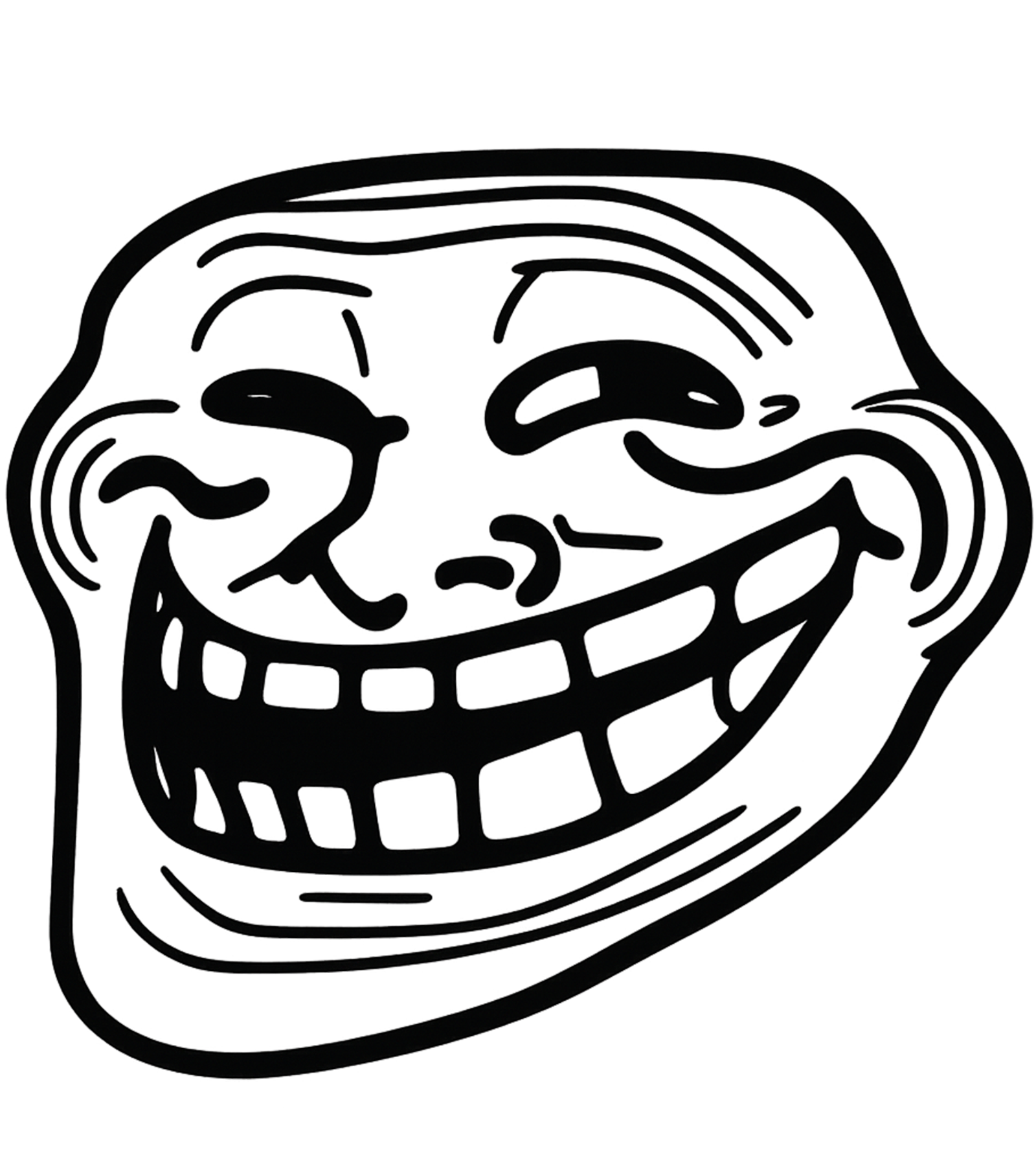 Troll face PNG with white face and bold black outline showing classic mischievous meme expression on transparent background