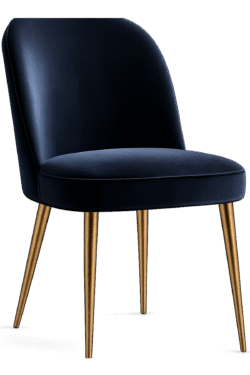 Velvet dining chair PNG with dark blue velvet upholstery and gold metal legs on transparent background