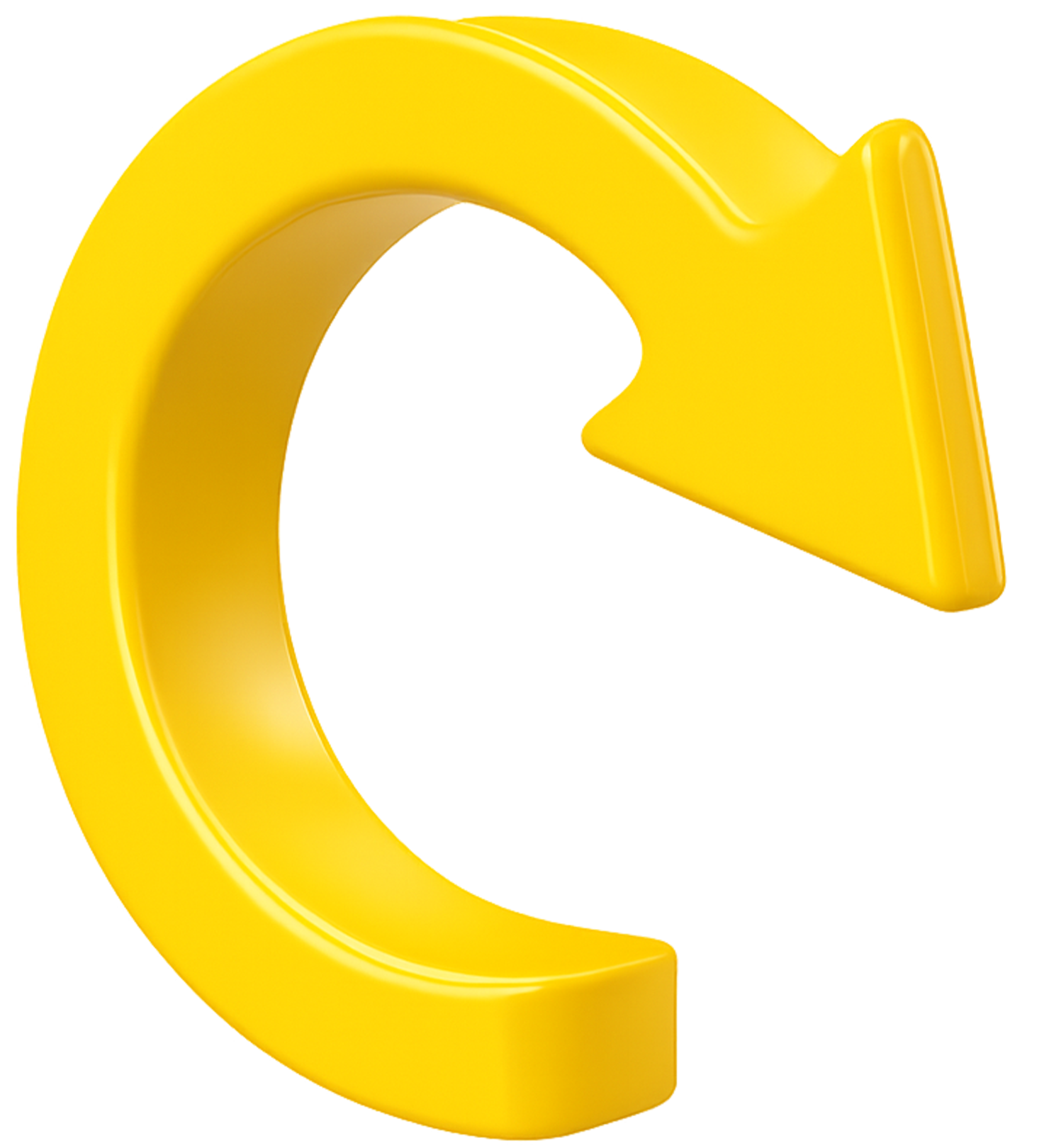 3D yellow curved arrow PNG with glossy finish and transparent background