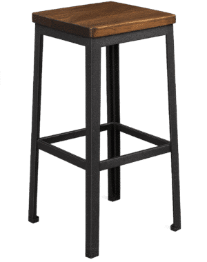 Bar stool PNG with wooden seat and black metal frame on transparent background