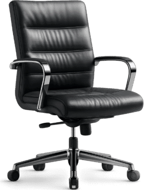 Conference chair PNG with black leather seat and chrome base on transparent background