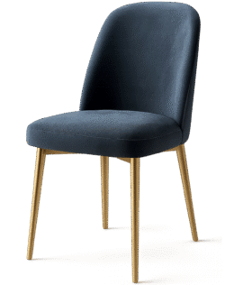 Dining chair PNG with dark upholstered seat and gold metal legs on transparent background