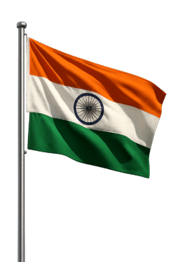 Classic hoisted Indian flag outdoors with saffron white green colors and Ashoka Chakra on transparent background