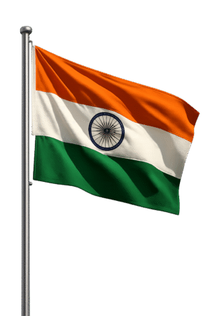 Classic hoisted Indian flag outdoors with saffron white green colors and Ashoka Chakra on transparent background