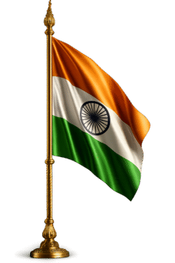 Premium ceremonial Indian flag PNG with golden pole and Ashoka Chakra on transparent background