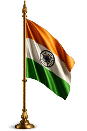 Premium ceremonial Indian flag PNG with golden pole and Ashoka Chakra on transparent background