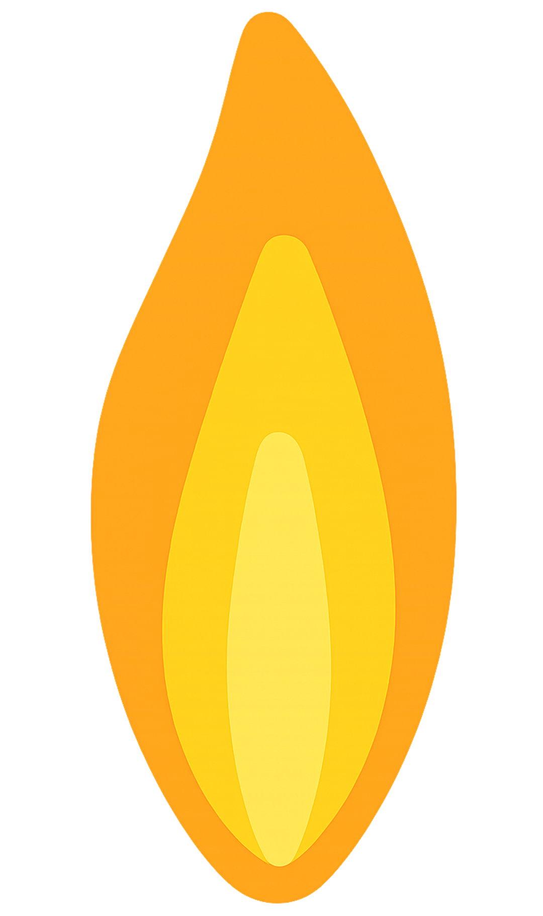 Vertical flame PNG with smooth layered fire shape and yellow orange glow on transparent background