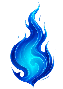 Blue fire PNG with glowing flame curves in neon blue gradients on a transparent background