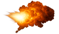 Explosion fire PNG with bright fiery blast and thick orange smoke clouds on a transparent background