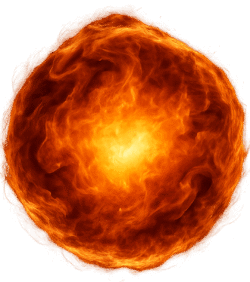 Fire ball PNG with glowing circular flame sphere and bright yellow core on a transparent background