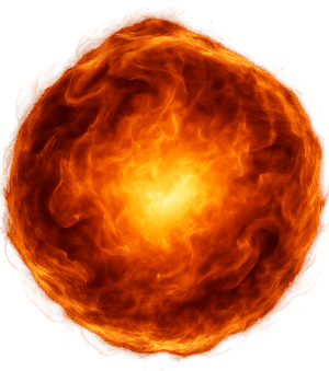 Fire ball PNG with glowing circular flame sphere and bright yellow core on a transparent background