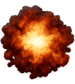 Fire explosion PNG with bright blast core and thick orange fire smoke on a transparent background