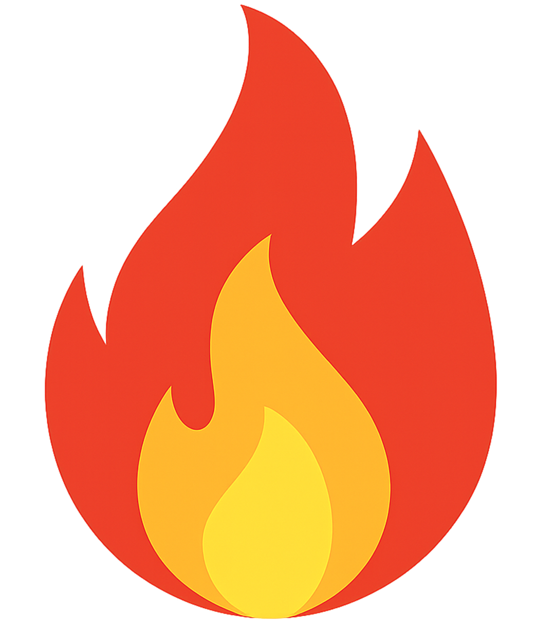 Flat fire PNG with simple flame shape in red, orange, and yellow colors on a transparent background