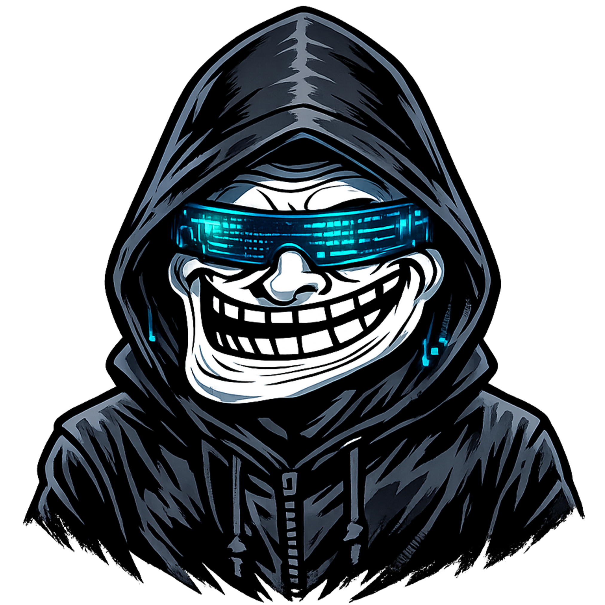 Hacker Troll Face PNG Transparent Cyber Meme Download hacker troll face png with hoodie and neon glasses transparent background meme