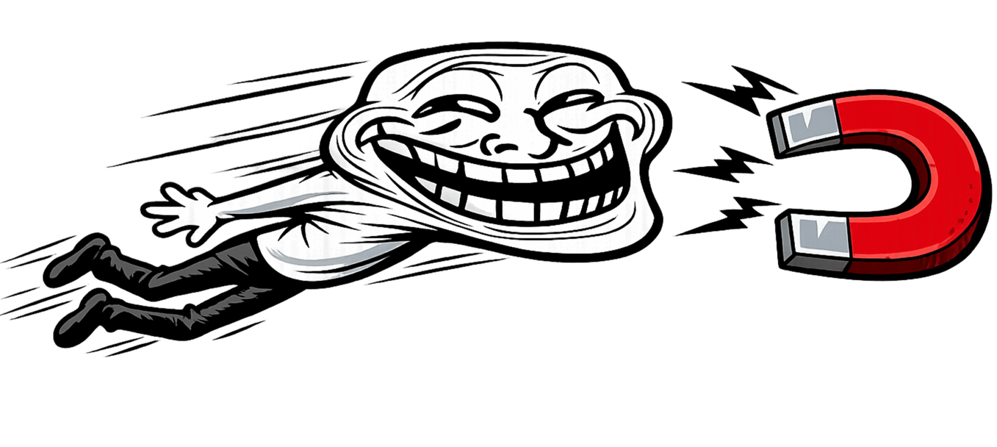 Magnet pull troll face PNG flying toward magnet meme transparent background