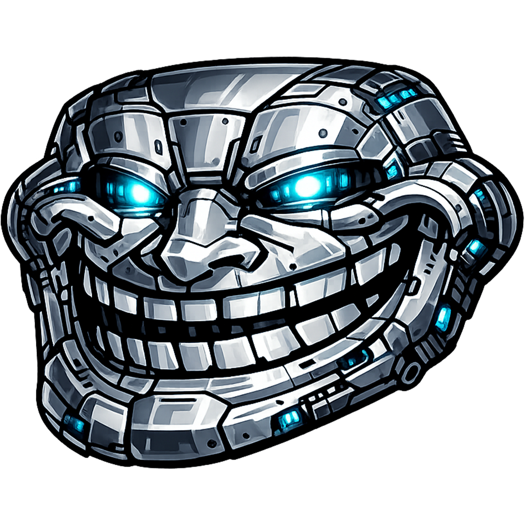 robot troll face png futuristic cyber meme with glowing eyes transparent background