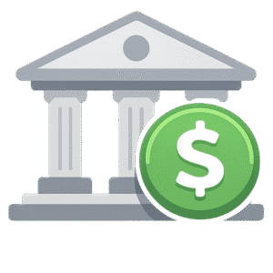Bank money icon PNG transparent background with financial institution building and dollar coin symbol