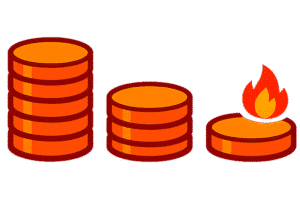 Burn Rate Icon PNG showing decreasing coin stacks and a burning coin with transparent background for startup finance and cash flow visualization