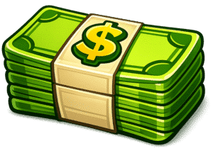 Cartoon Money Stack PNG transparent background with green cash bundle and dollar symbol icon
