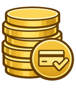 Coin Payment Icon PNG Free Download Coin Payment Icon PNG featuring gold coin stacks, payment card, and verification checkmark with transparent background for banking and fintech designs