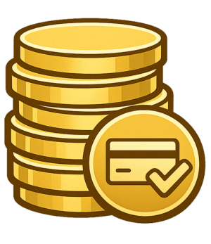 Coin Payment Icon PNG featuring gold coin stacks, payment card, and verification checkmark with transparent background for banking and fintech designs