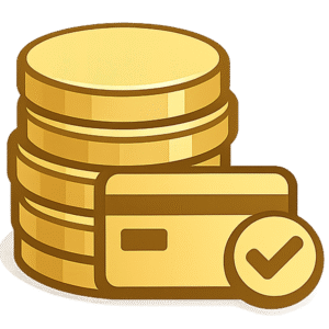 Coin Stack Icon PNG gold coin stack with payment card and verification checkmark on transparent background for finance and banking projects