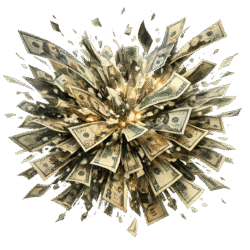 money explosion png with flying dollar bills blast effect and transparent background